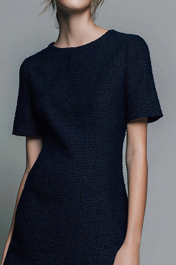 Round Neck Sheath Black Work Dress with Ruffles